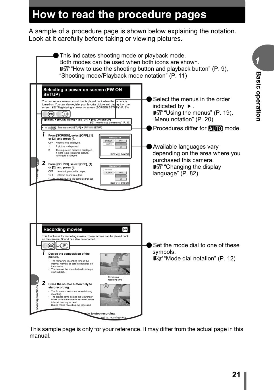 How to read the procedure pages | Olympus C-500 Zoom  EN User Manual | Page 21 / 156