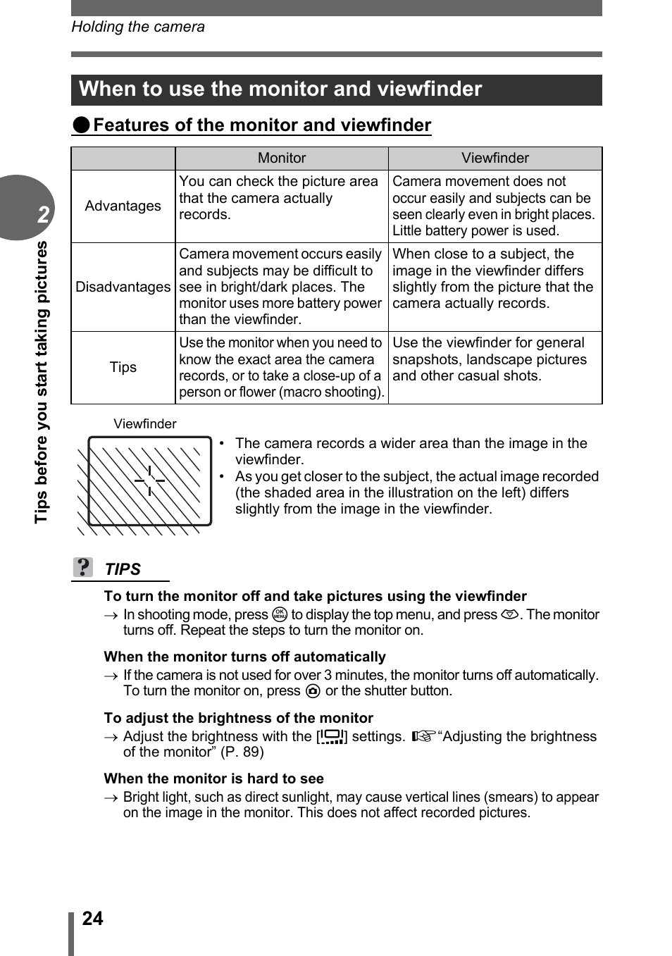 When to use the monitor and viewfinder, P. 24, Gp. 24 | Features of the monitor and viewfinder | Olympus C-500 Zoom  EN User Manual | Page 24 / 156