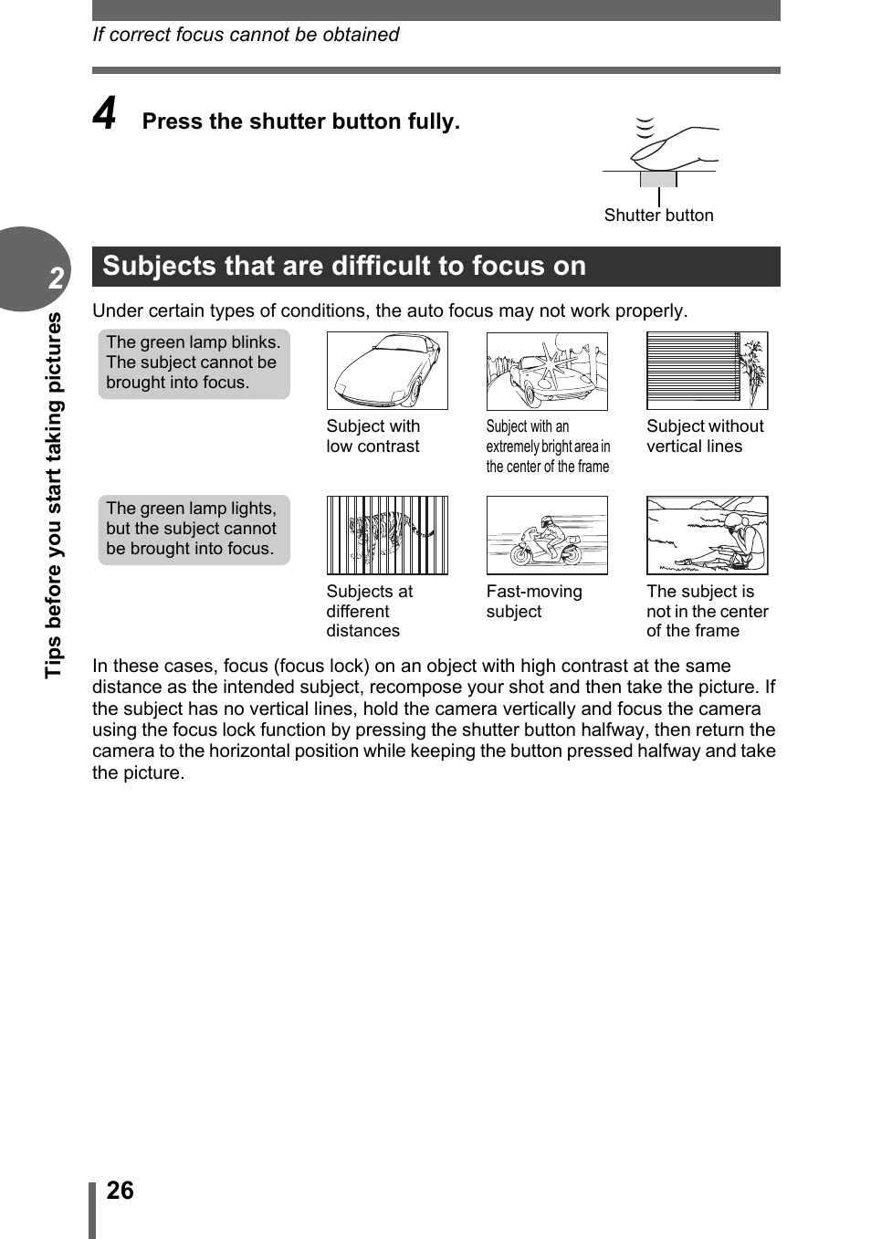 Subjects that are difficult to focus on | Olympus C-500 Zoom  EN User Manual | Page 26 / 156