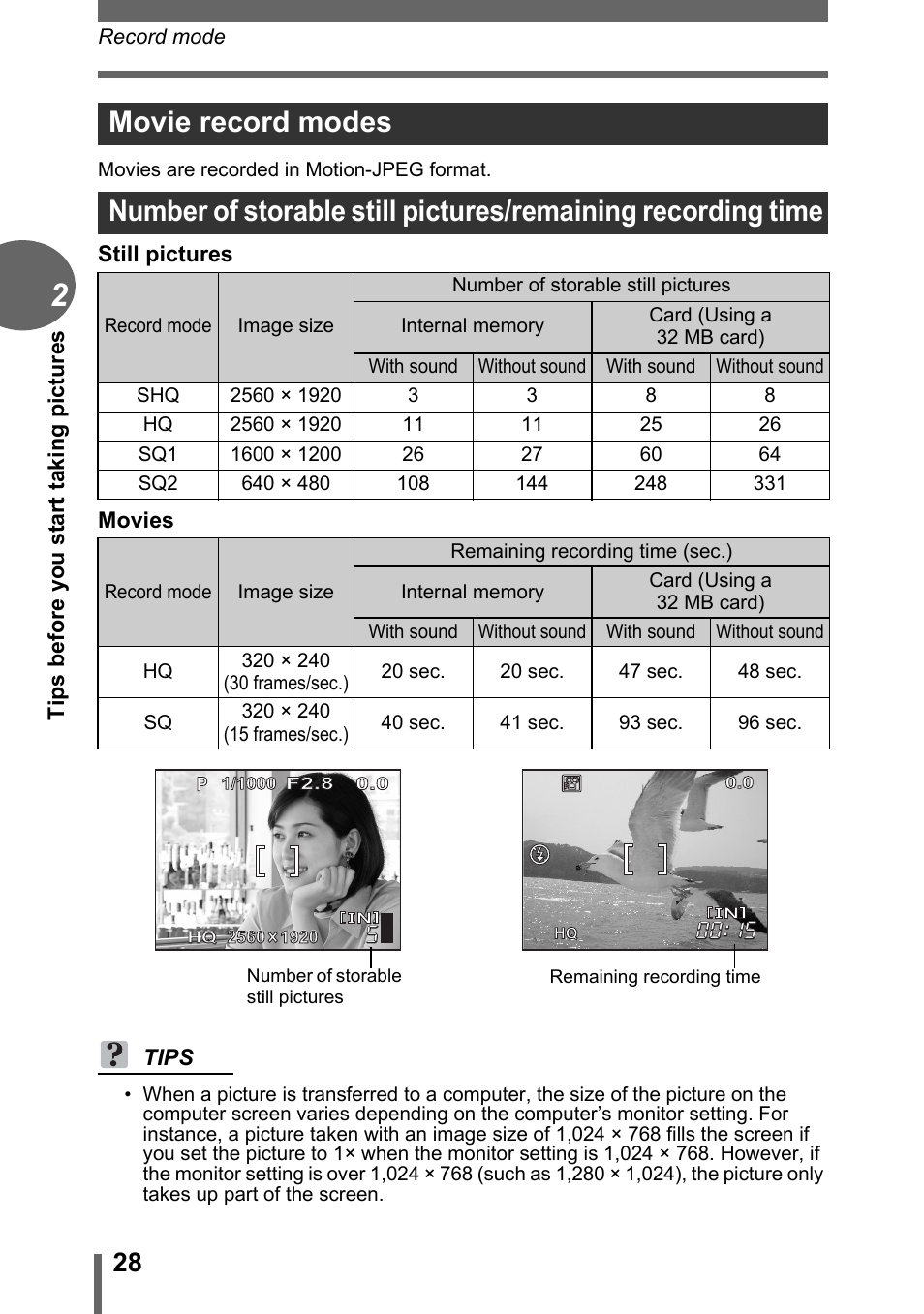 Movie record modes | Olympus C-500 Zoom  EN User Manual | Page 28 / 156