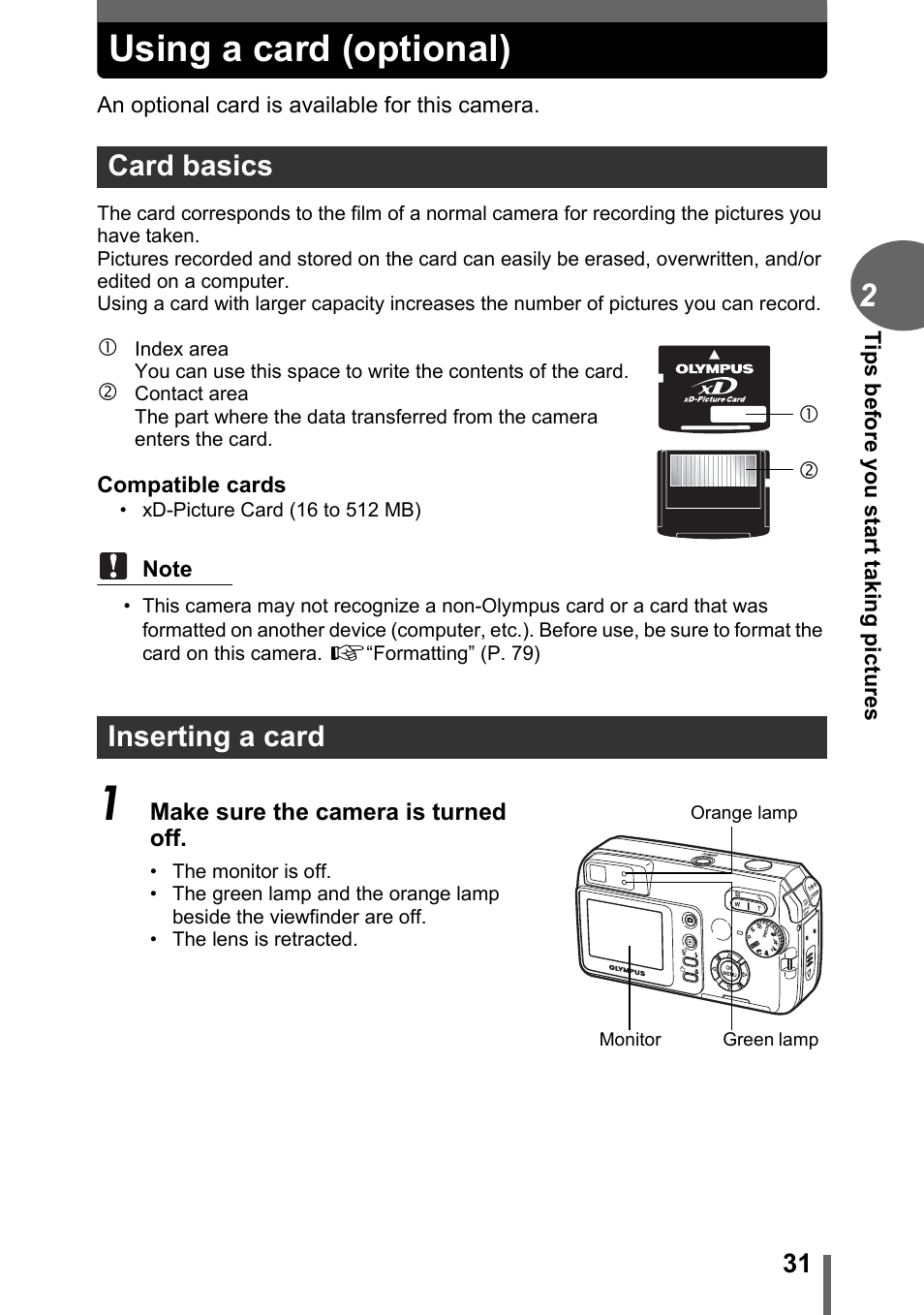 Using a card (optional), Card basics, Inserting a card | Card basics inserting a card | Olympus C-500 Zoom  EN User Manual | Page 31 / 156