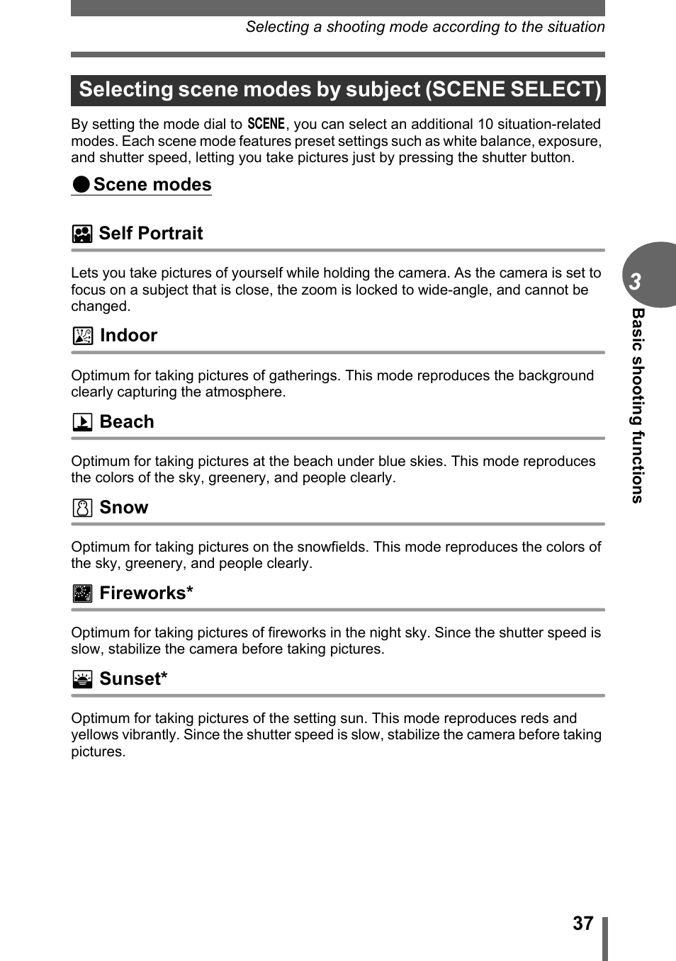 Selecting scene modes by subject (scene select) | Olympus C-500 Zoom  EN User Manual | Page 37 / 156