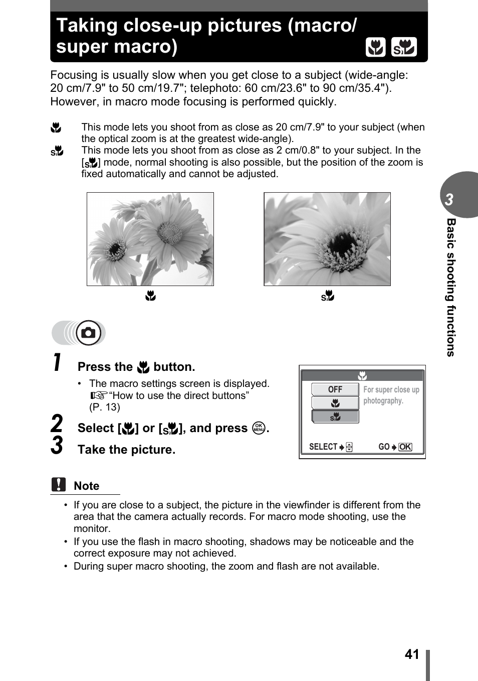 Taking close-up pictures (macro/super macro), P. 41, Taking close-up pictures (macro/ super macro) | Olympus C-500 Zoom  EN User Manual | Page 41 / 156