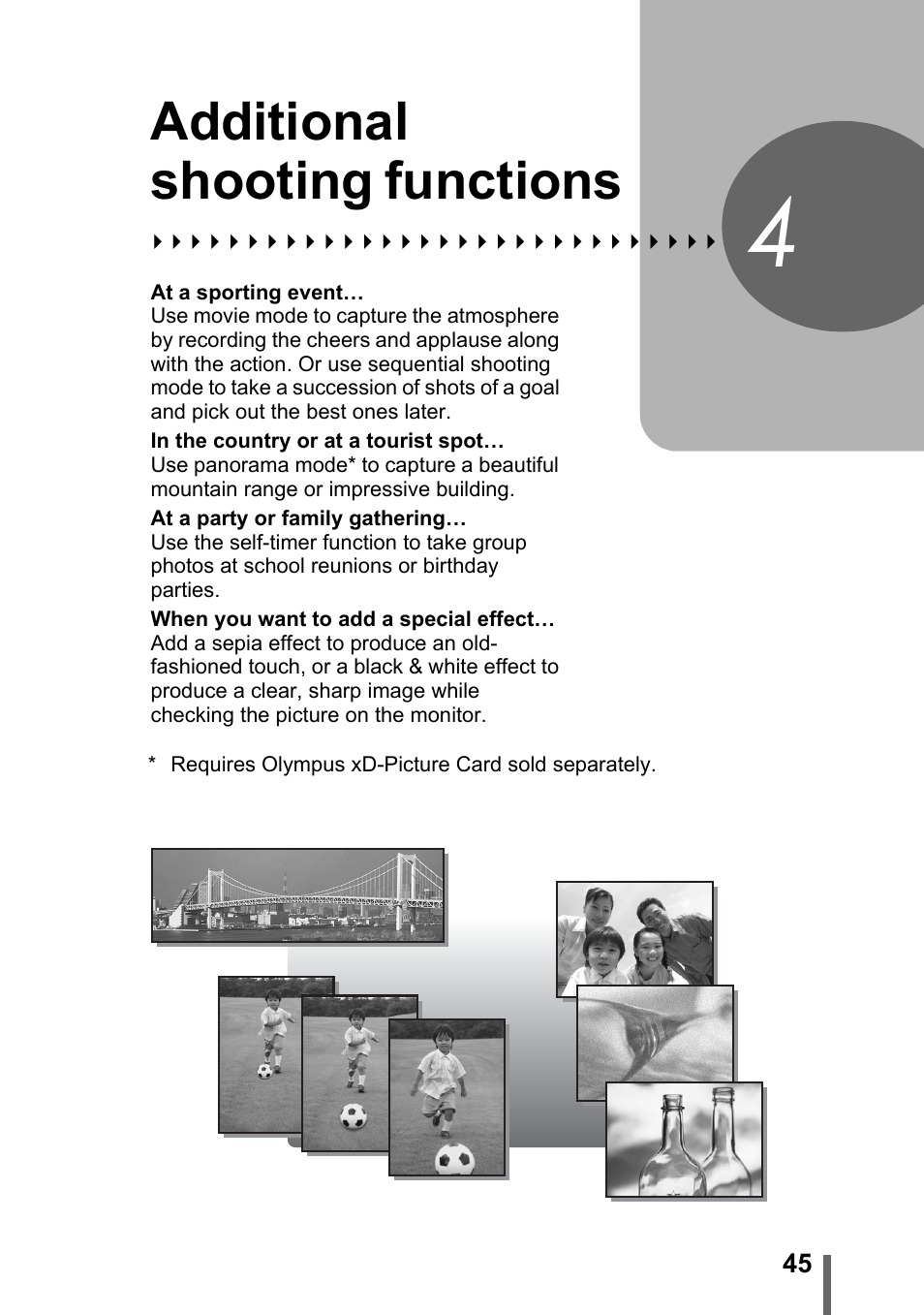 4 additional shooting functions, P. 45, Additional shooting | Functions, Additional shooting functions | Olympus C-500 Zoom  EN User Manual | Page 45 / 156