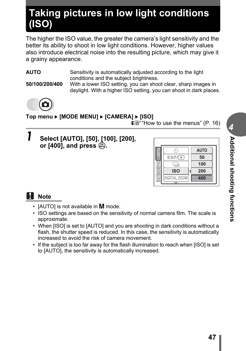 Taking pictures in low light conditions (iso) | Olympus C-500 Zoom  EN User Manual | Page 47 / 156