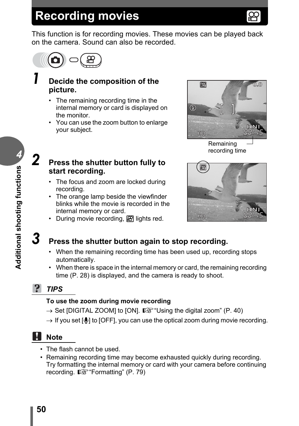 Recording movies, G“recording movies” (p. 50) | Olympus C-500 Zoom  EN User Manual | Page 50 / 156