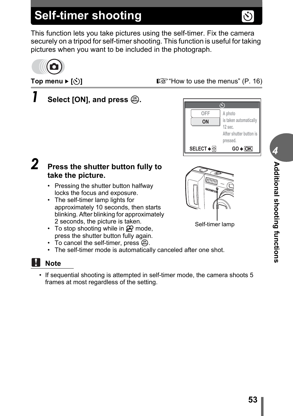 Self-timer shooting, P. 53 | Olympus C-500 Zoom  EN User Manual | Page 53 / 156