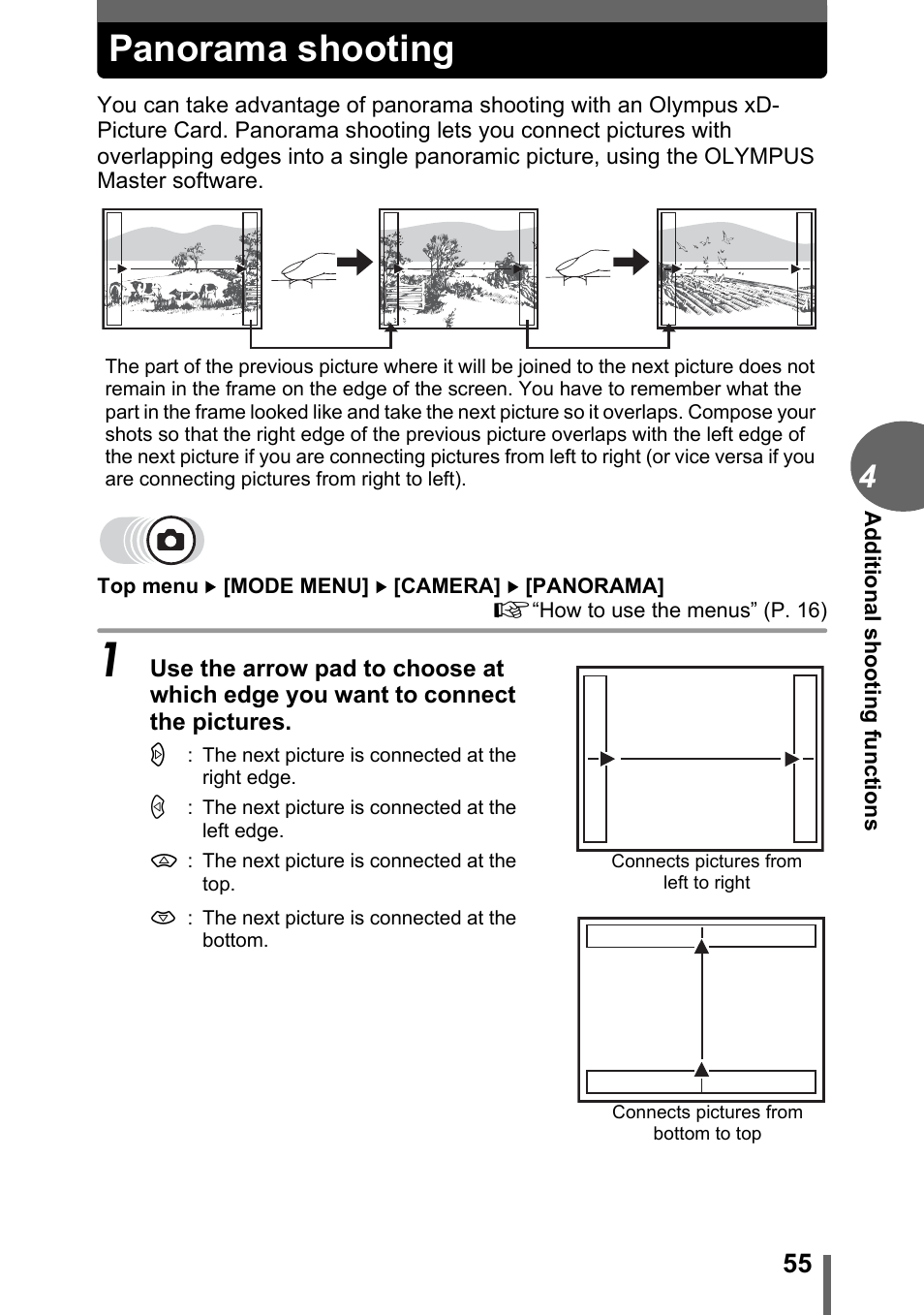 Panorama shooting | Olympus C-500 Zoom  EN User Manual | Page 55 / 156