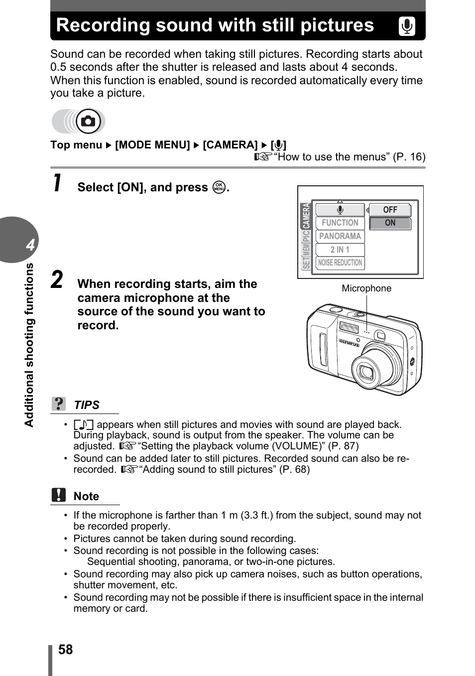 Recording sound with still pictures | Olympus C-500 Zoom  EN User Manual | Page 58 / 156