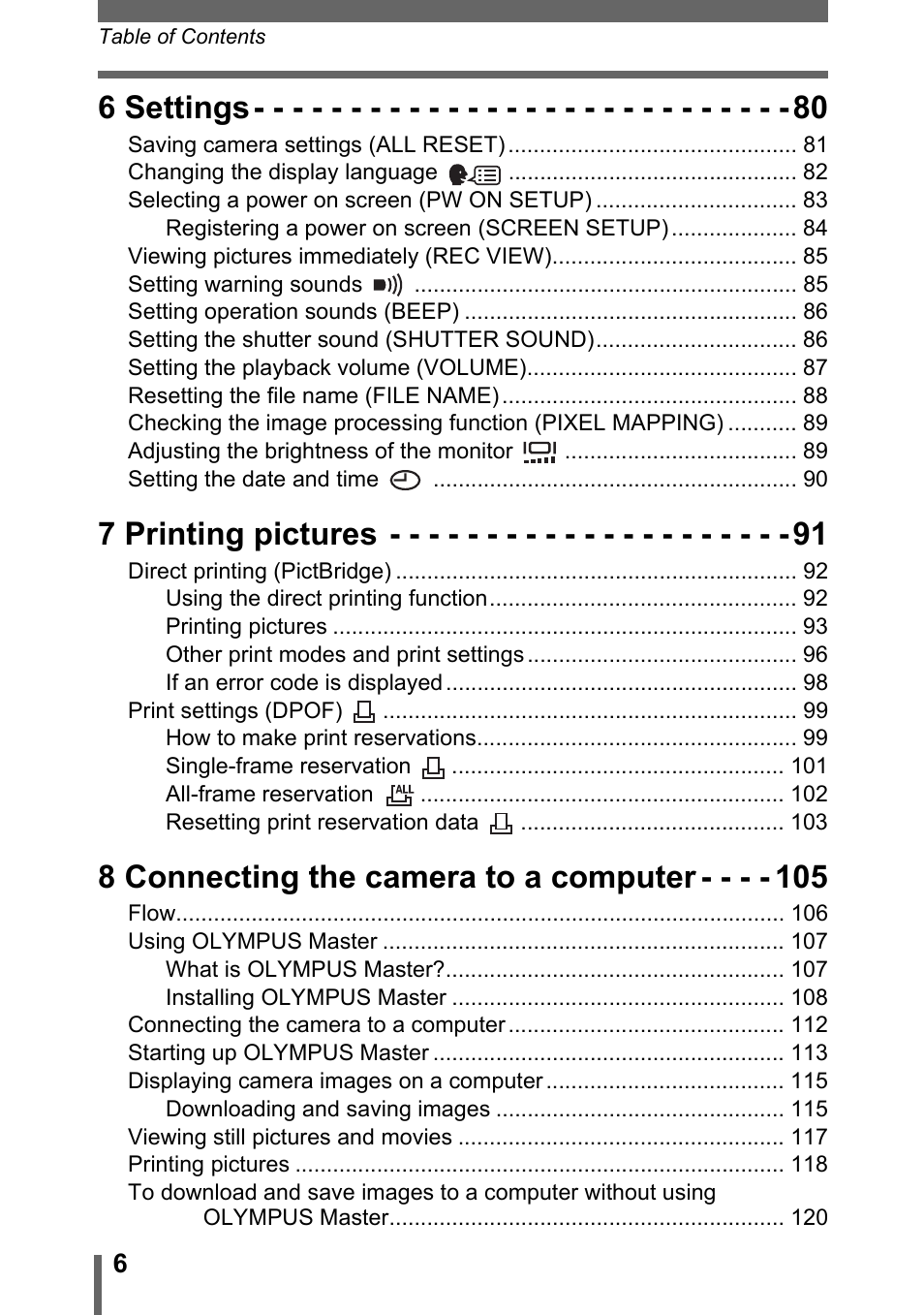 6 settings, 7 printing pictures, 8 connecting the camera to a computer | Olympus C-500 Zoom  EN User Manual | Page 6 / 156