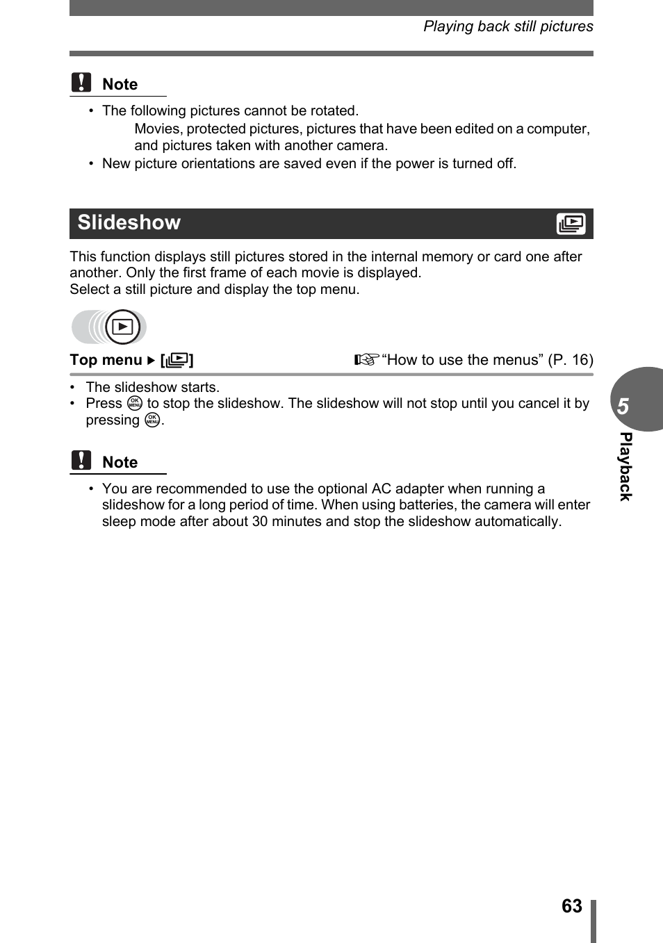Slideshow, P. 63 | Olympus C-500 Zoom  EN User Manual | Page 63 / 156