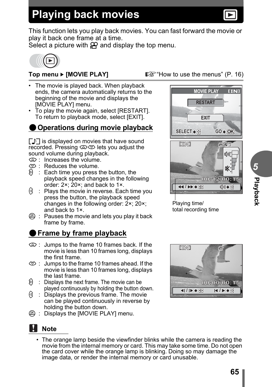 Playing back movies, P. 65, Operations during movie playback | Frame by frame playback | Olympus C-500 Zoom  EN User Manual | Page 65 / 156
