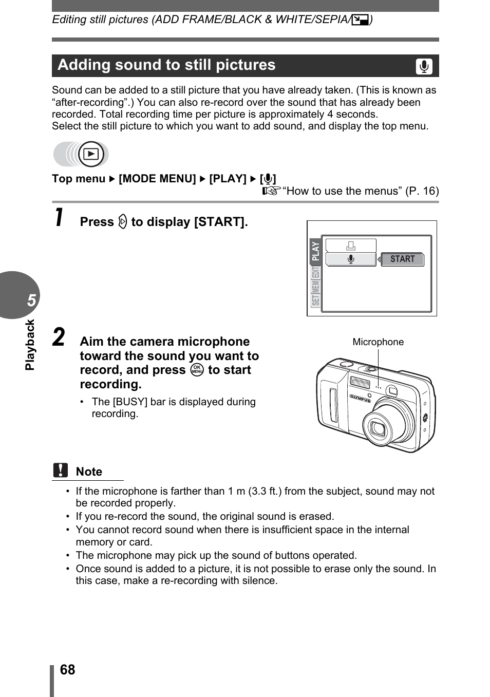Adding sound to still pictures | Olympus C-500 Zoom  EN User Manual | Page 68 / 156