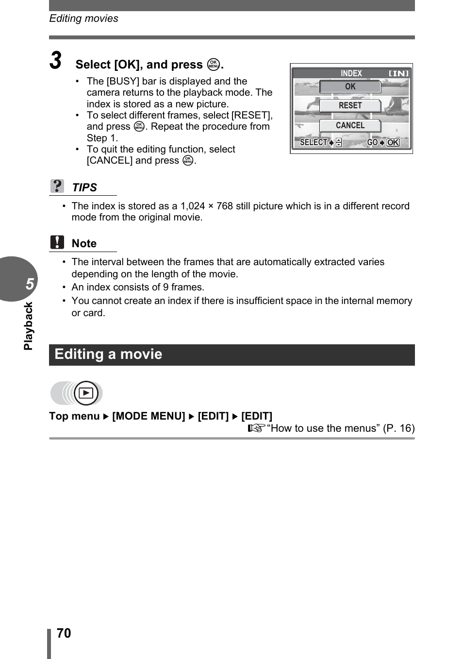 Editing a movie | Olympus C-500 Zoom  EN User Manual | Page 70 / 156