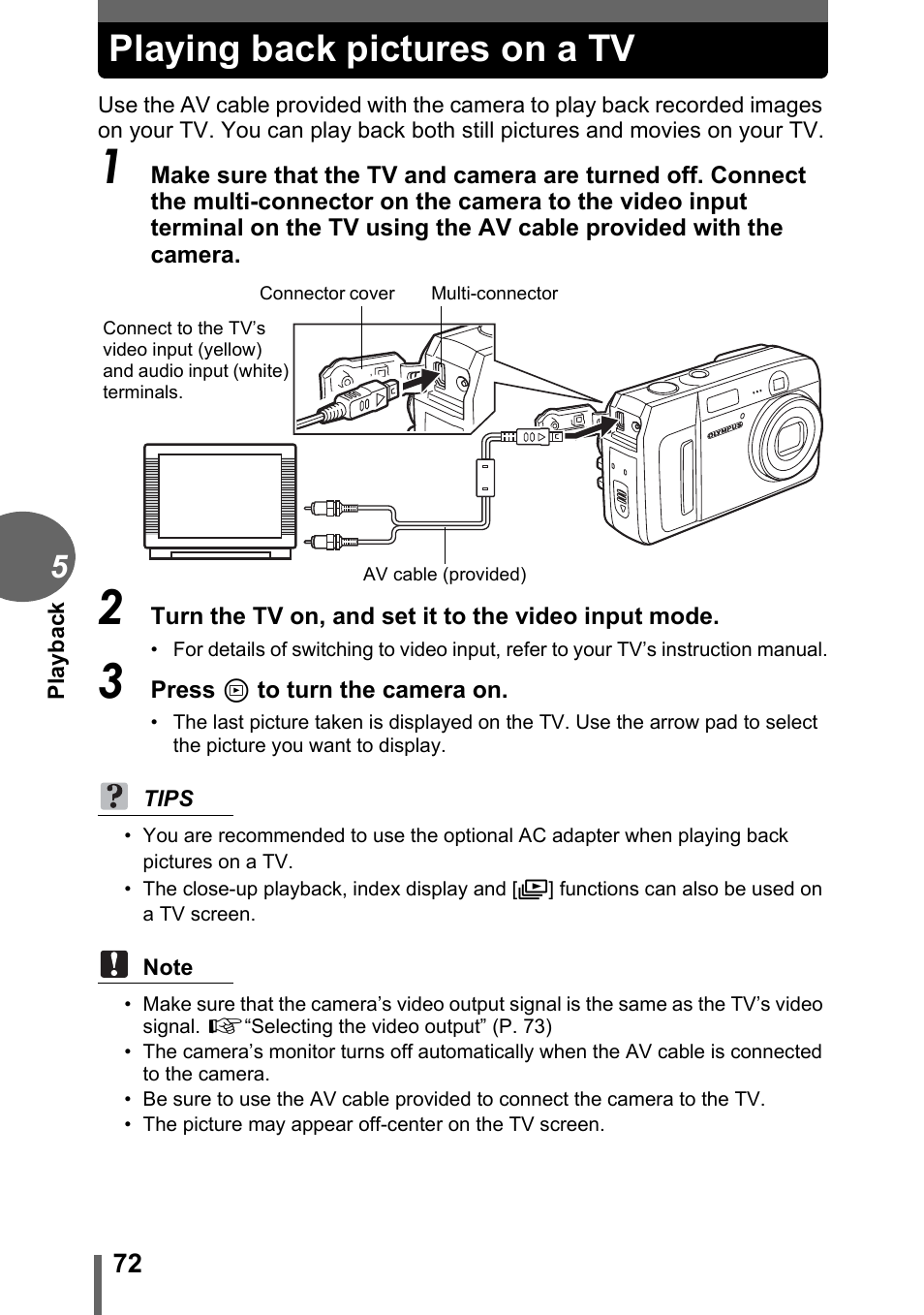 Playing back pictures on a tv | Olympus C-500 Zoom  EN User Manual | Page 72 / 156
