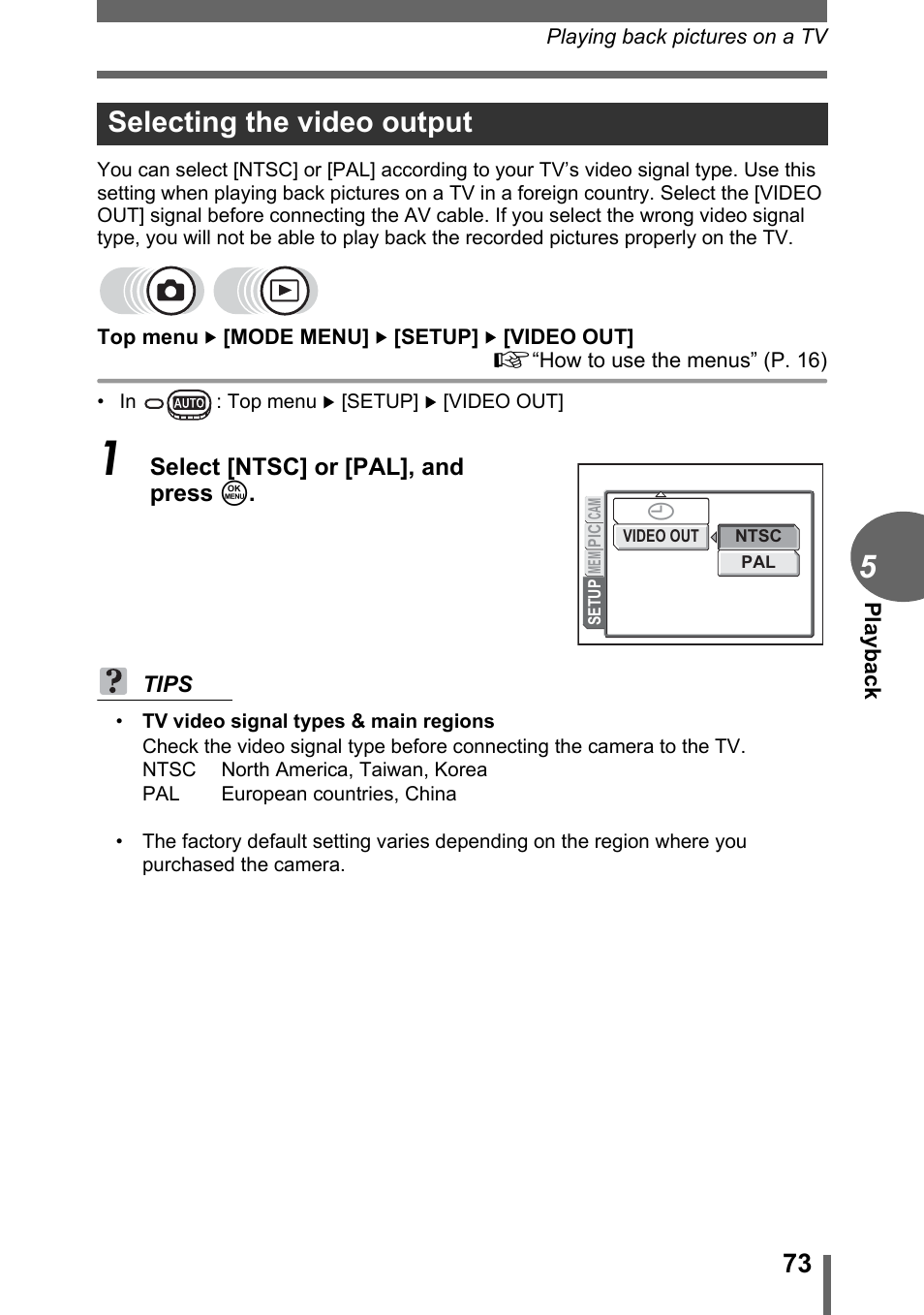 Selecting the video output | Olympus C-500 Zoom  EN User Manual | Page 73 / 156