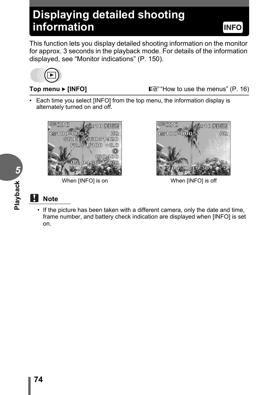 Displaying detailed shooting information, P. 74, Pl ay bac k | Olympus C-500 Zoom  EN User Manual | Page 74 / 156