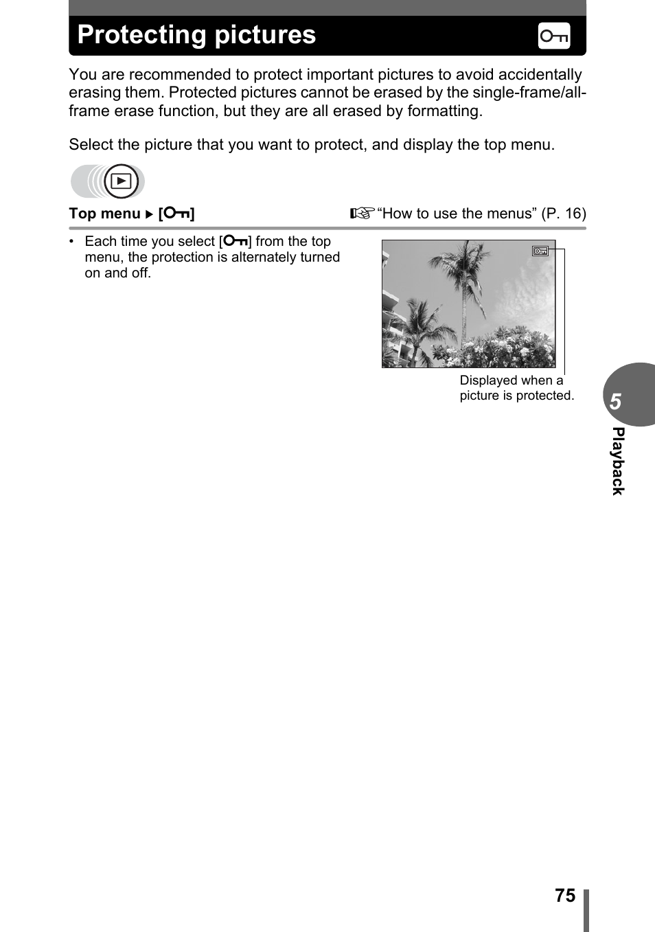Protecting pictures, P. 75 | Olympus C-500 Zoom  EN User Manual | Page 75 / 156