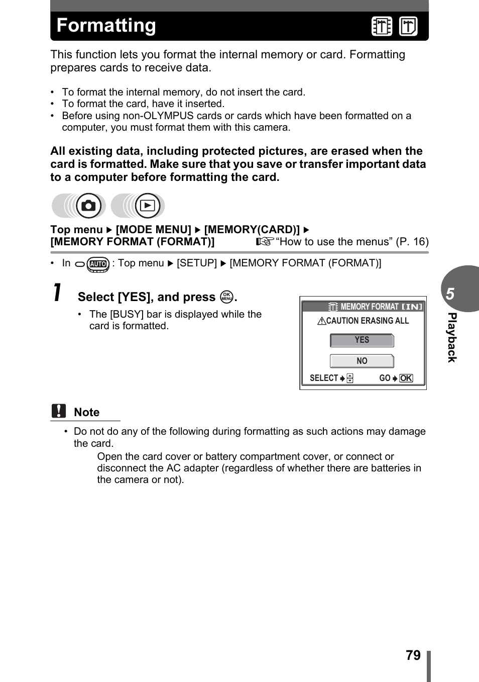 Formatting | Olympus C-500 Zoom  EN User Manual | Page 79 / 156