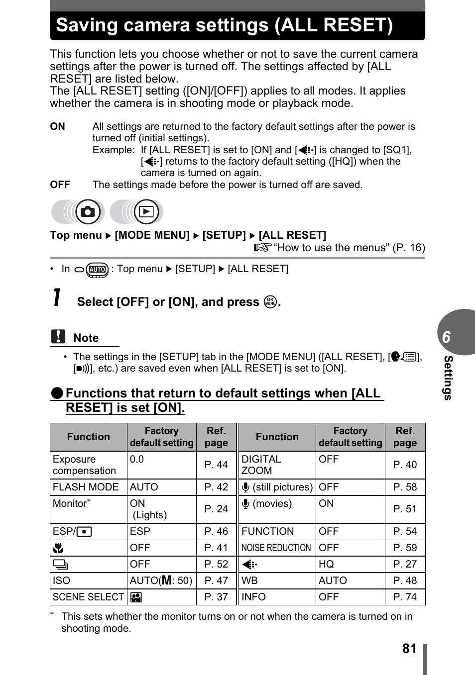 Saving camera settings (all reset) | Olympus C-500 Zoom  EN User Manual | Page 81 / 156