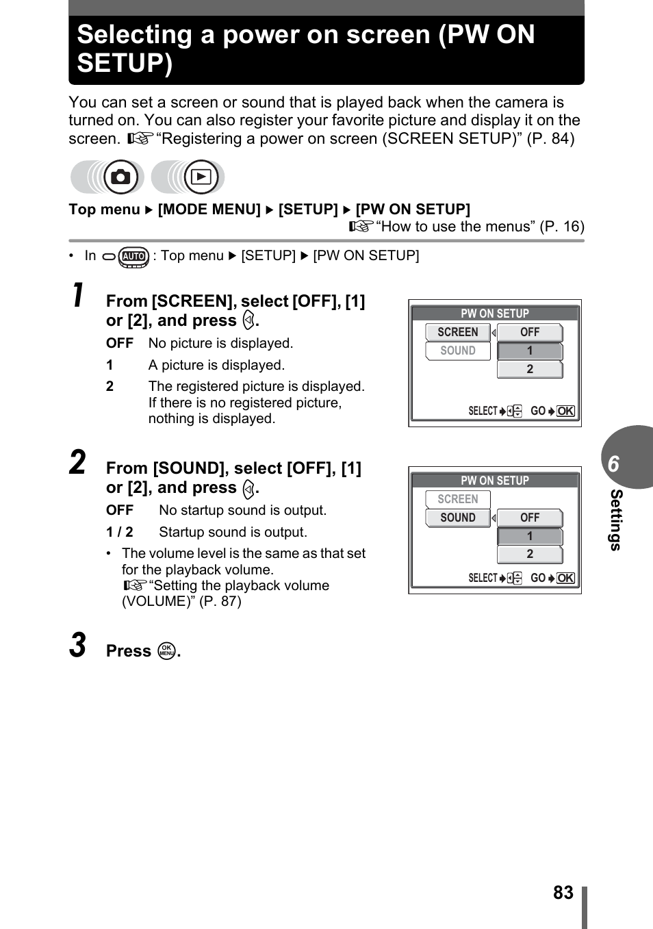 Selecting a power on screen (pw on setup) | Olympus C-500 Zoom  EN User Manual | Page 83 / 156