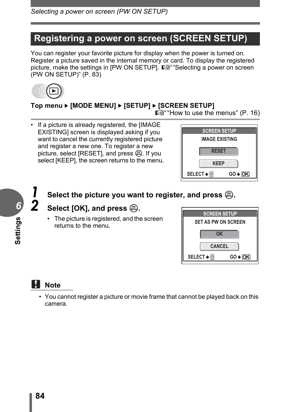 Registering a power on screen (screen setup) | Olympus C-500 Zoom  EN User Manual | Page 84 / 156