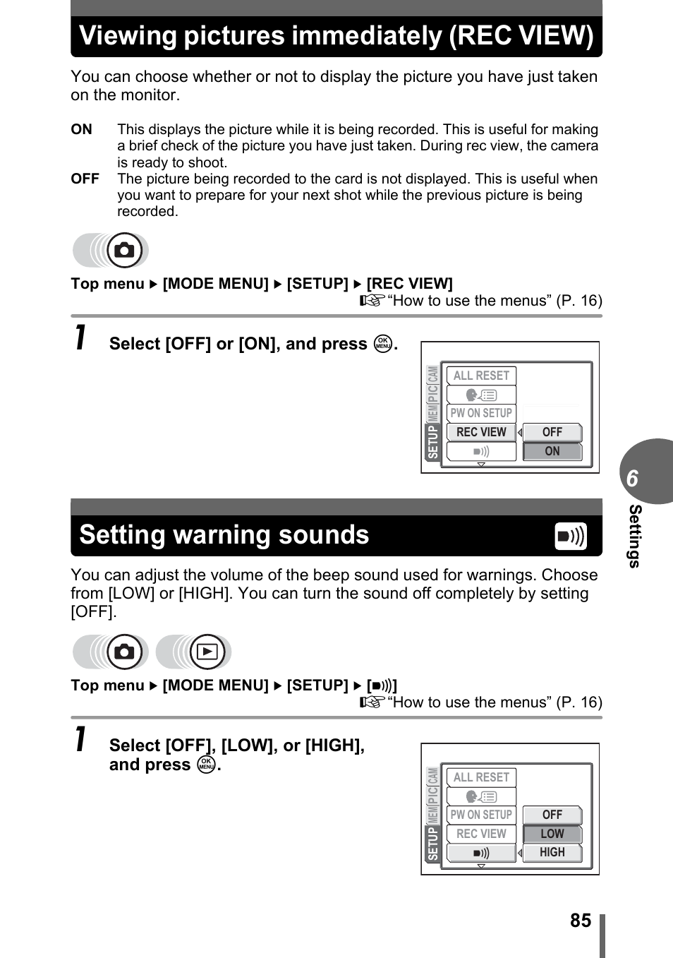 Viewing pictures immediately (rec view), Setting warning sounds | Olympus C-500 Zoom  EN User Manual | Page 85 / 156