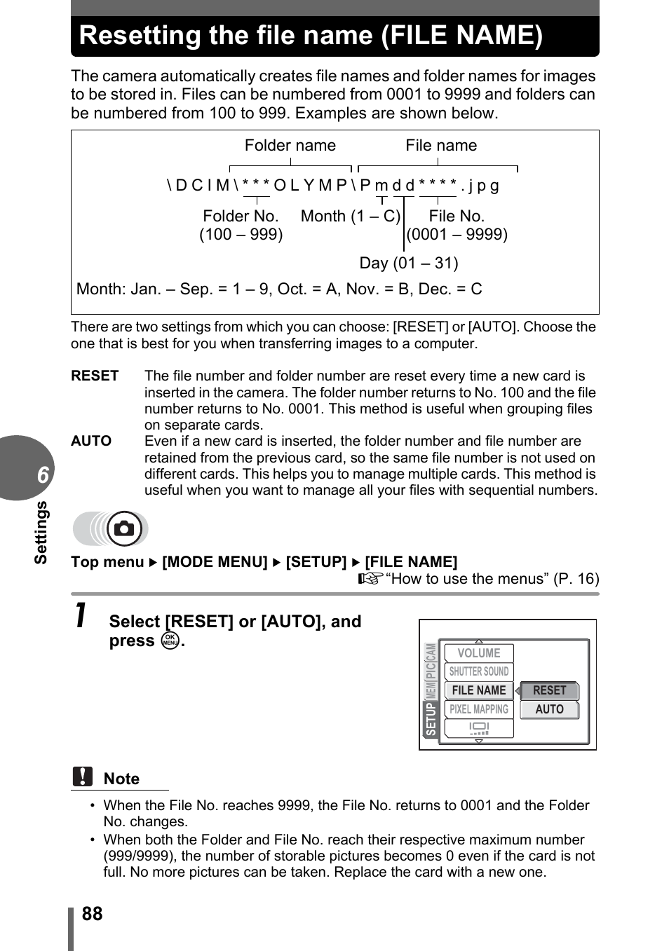Resetting the file name (file name) | Olympus C-500 Zoom  EN User Manual | Page 88 / 156