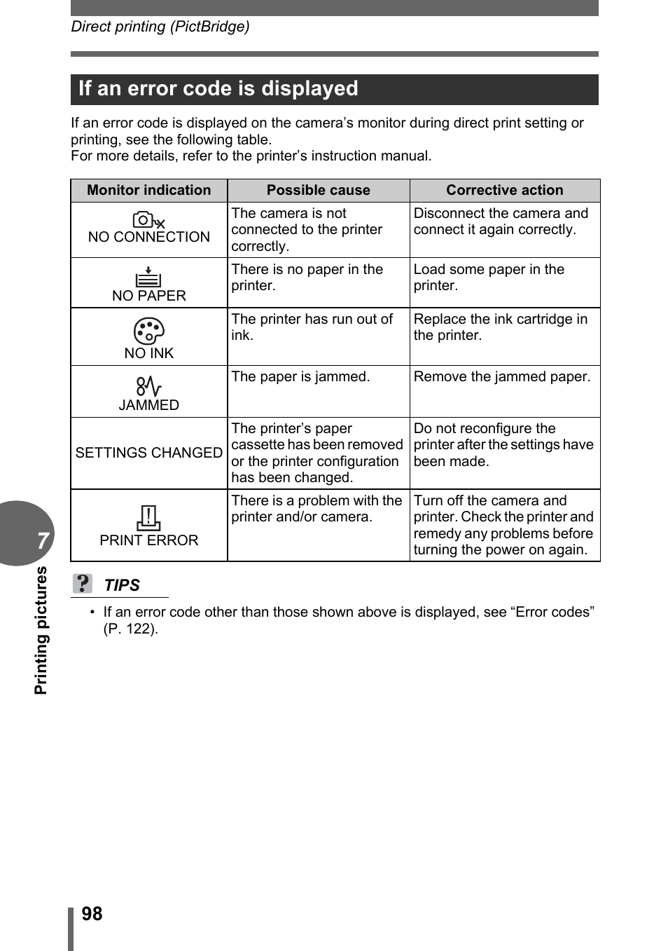 If an error code is displayed | Olympus C-500 Zoom  EN User Manual | Page 98 / 156