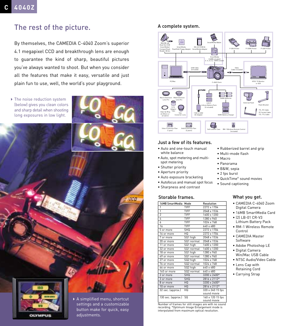 The rest of the picture, C 4 0 4 0 z, What you get | Just a few of its features, Storable frames, A complete system | Olympus C-4040 User Manual | Page 4 / 4