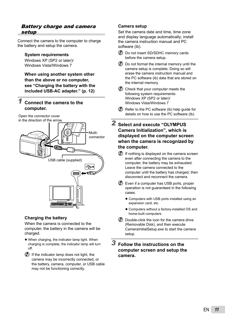 11 en, Battery charge and camera setup | Olympus SP-800UZ User Manual | Page 11 / 73