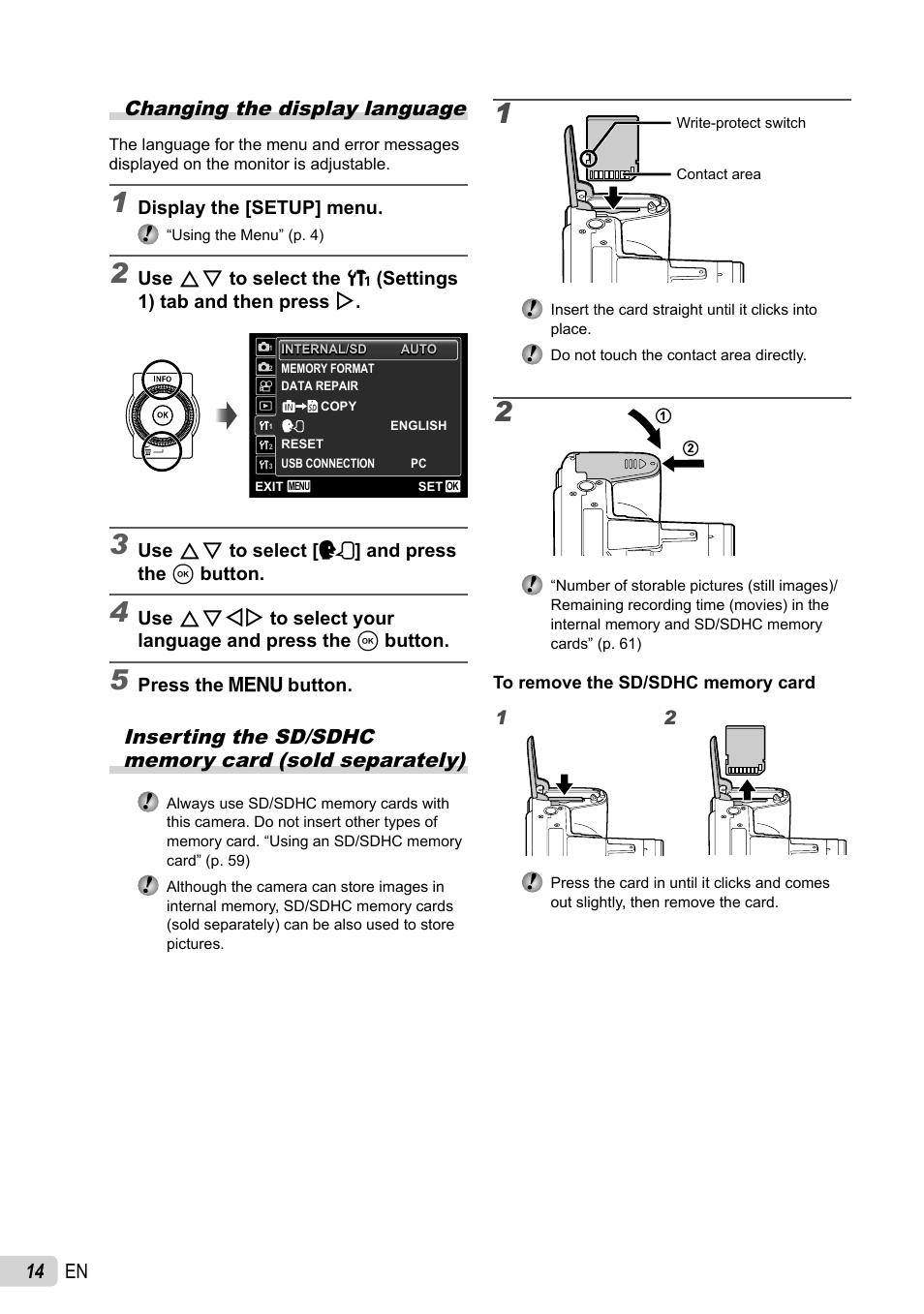 14 en changing the display language | Olympus SP-800UZ User Manual | Page 14 / 73