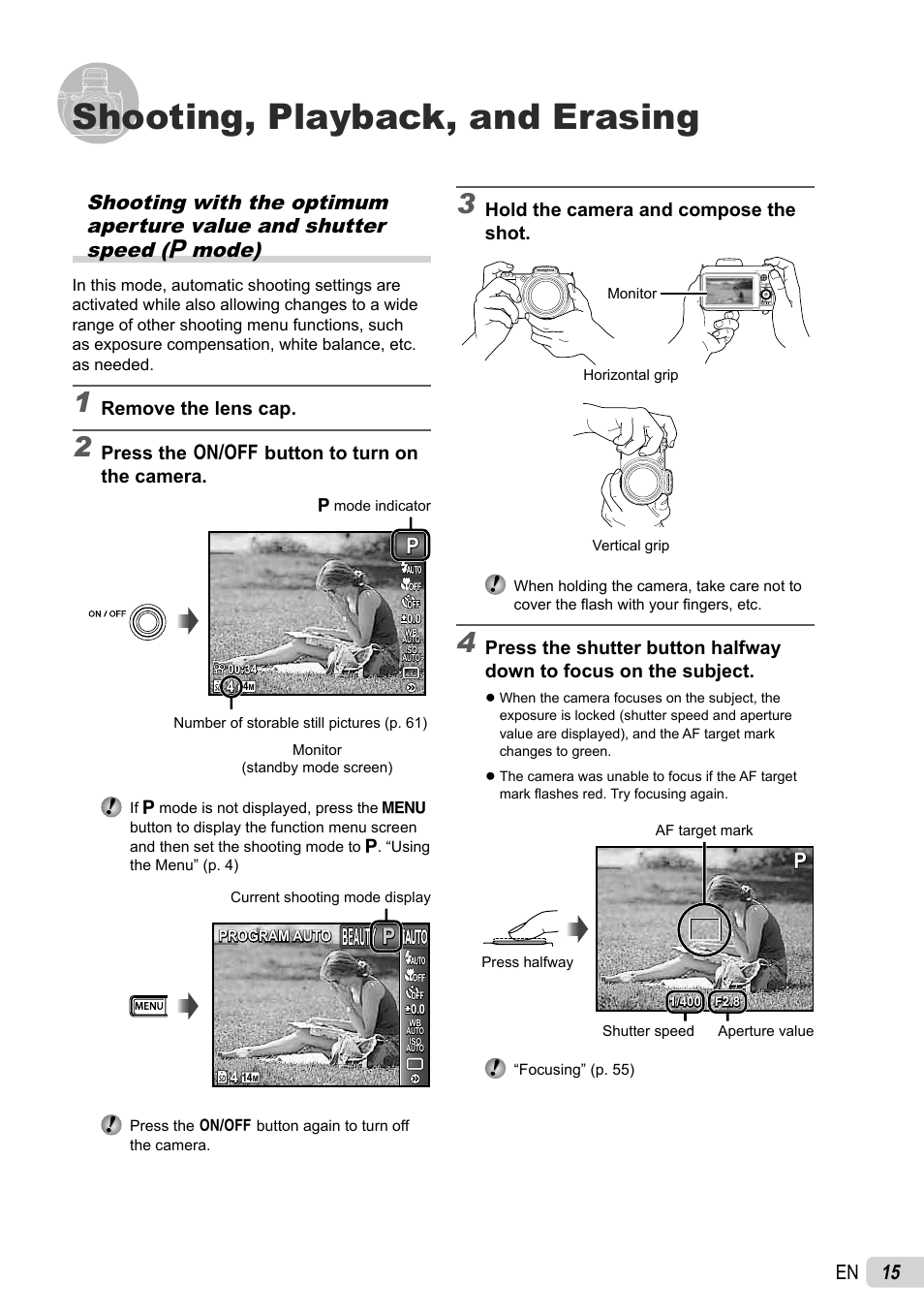 Shooting, playback, and erasing, 15 en | Olympus SP-800UZ User Manual | Page 15 / 73