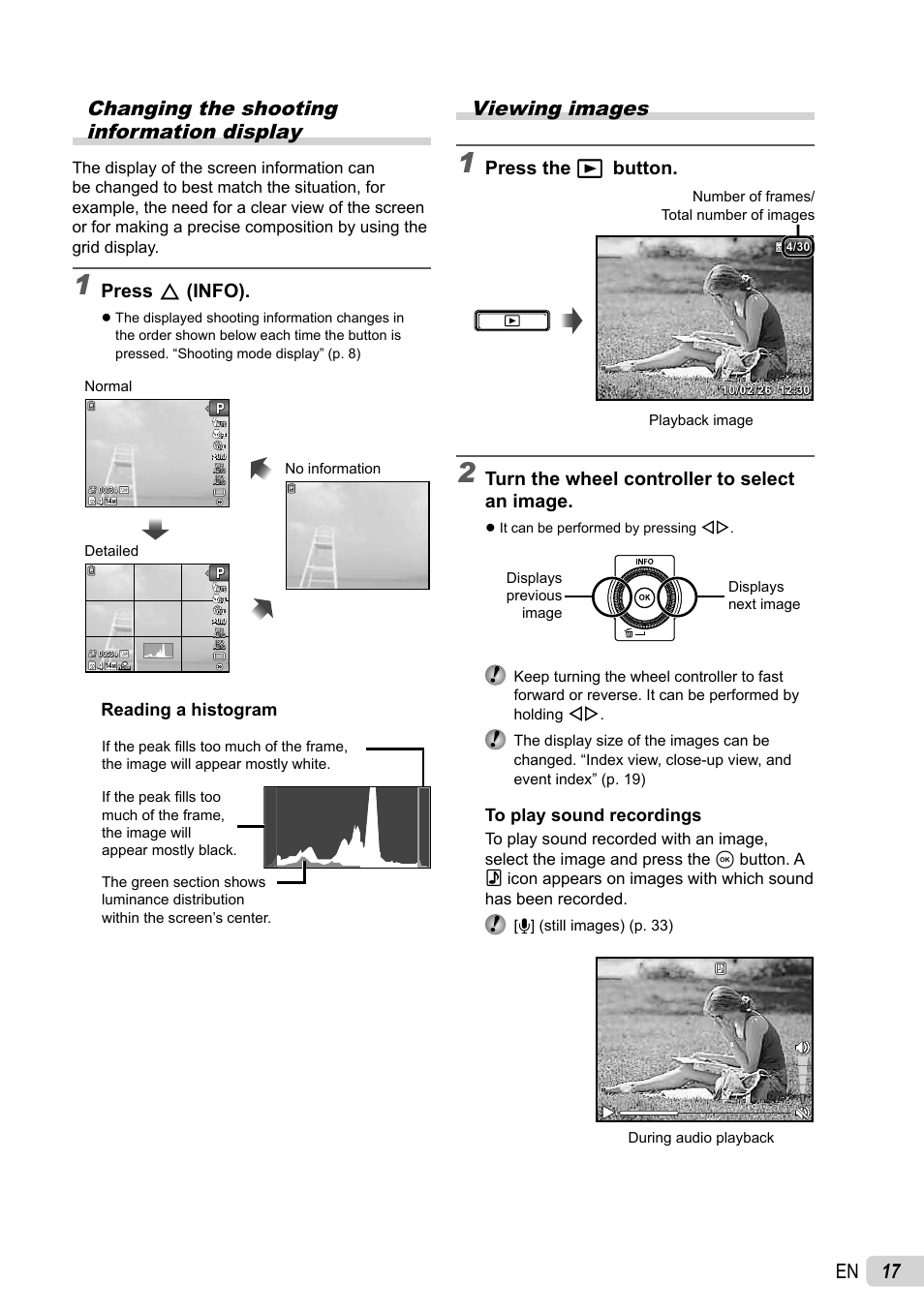 17 en viewing images, Changing the shooting information display, Press the q button | Turn the wheel controller to select an image, Press f (info), Reading a histogram | Olympus SP-800UZ User Manual | Page 17 / 73