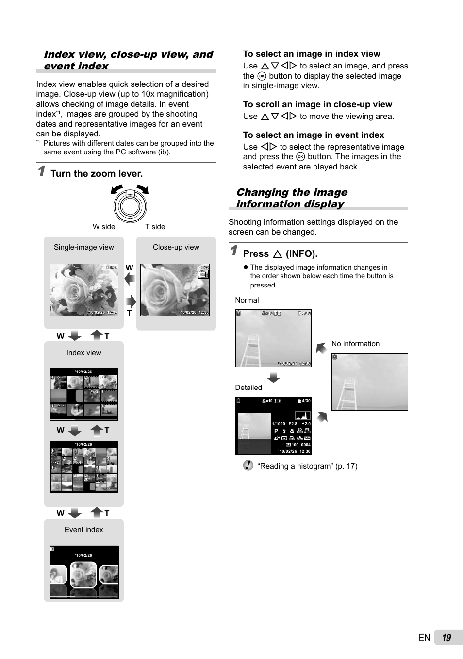 19 en index view, close-up view, and event index, Changing the image information display, Turn the zoom lever | Press f (info), Use fghi to move the viewing area | Olympus SP-800UZ User Manual | Page 19 / 73