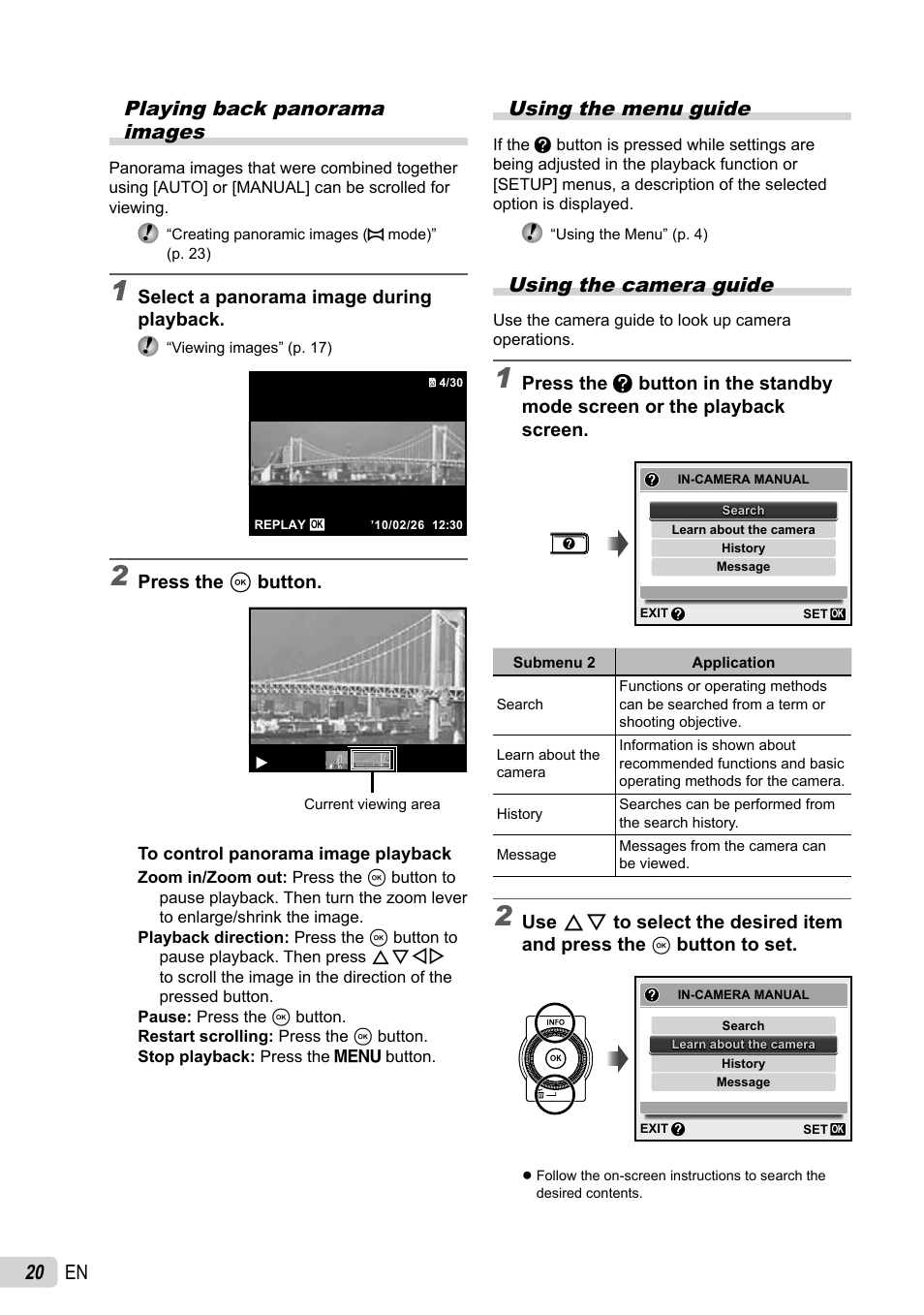 20 en playing back panorama images, Using the menu guide, Using the camera guide | Olympus SP-800UZ User Manual | Page 20 / 73