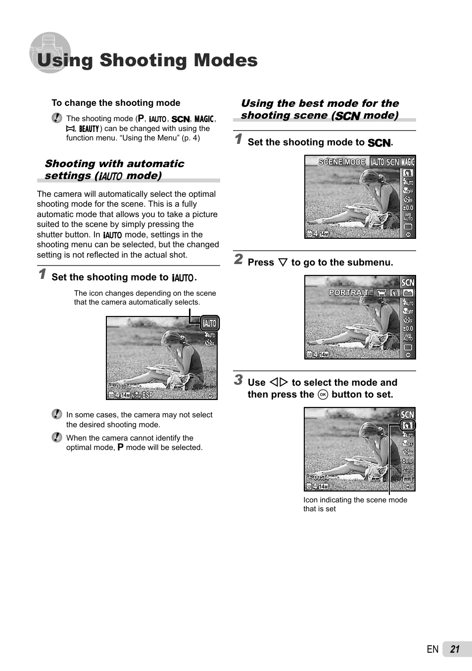 Using shooting modes, 21 en, Shooting with automatic settings (m mode) | Set the shooting mode to s, Press g to go to the submenu, Set the shooting mode to m | Olympus SP-800UZ User Manual | Page 21 / 73