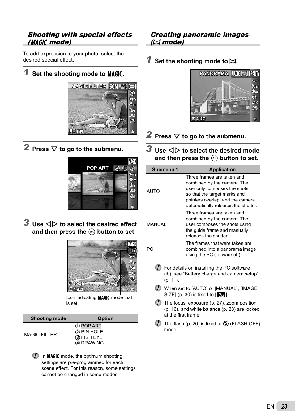 23 en shooting with special effects (p mode), Creating panoramic images (a mode), Set the shooting mode to p | Press g to go to the submenu, Set the shooting mode to a | Olympus SP-800UZ User Manual | Page 23 / 73