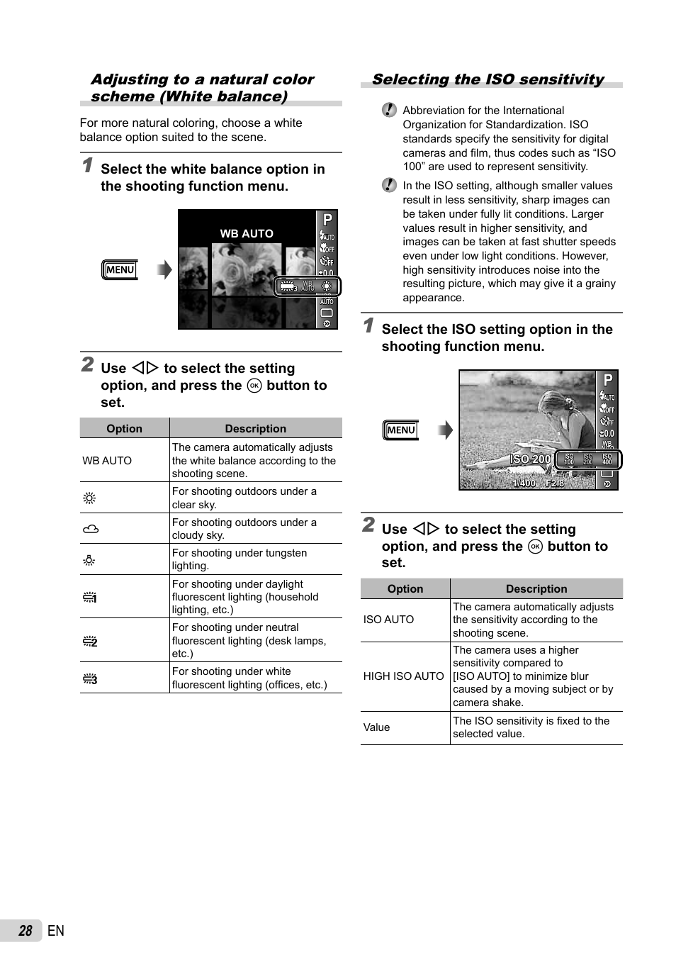 Selecting the iso sensitivity | Olympus SP-800UZ User Manual | Page 28 / 73