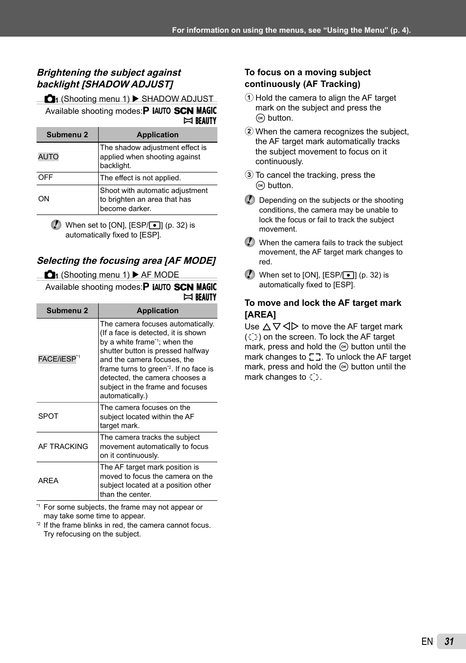 31 en, Selecting the focusing area [af mode | Olympus SP-800UZ User Manual | Page 31 / 73