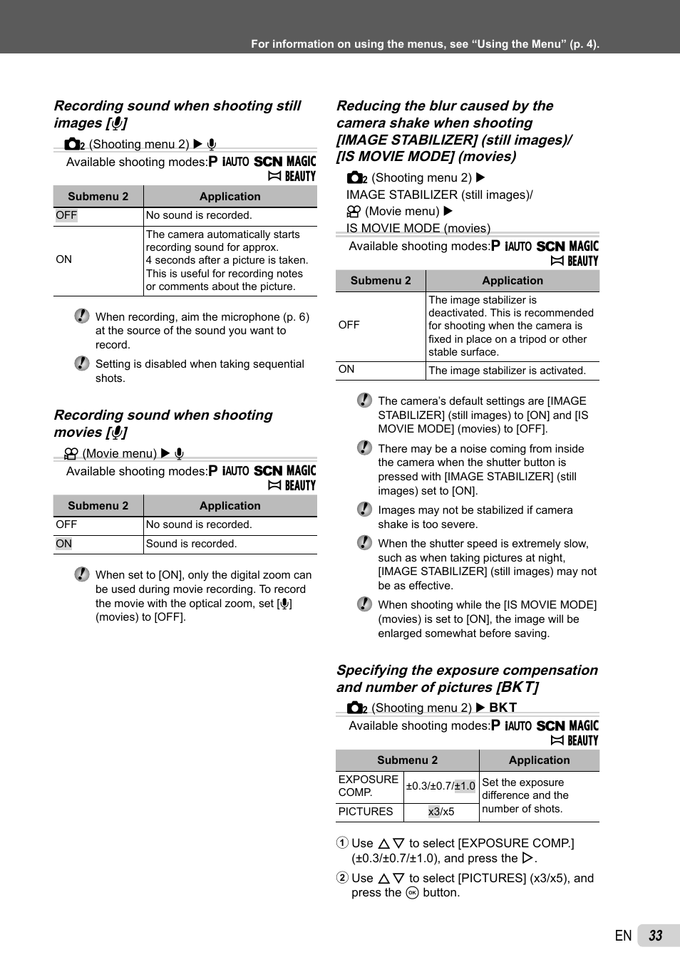 33 en, Recording sound when shooting still images [ r, Recording sound when shooting movies [ r | Olympus SP-800UZ User Manual | Page 33 / 73