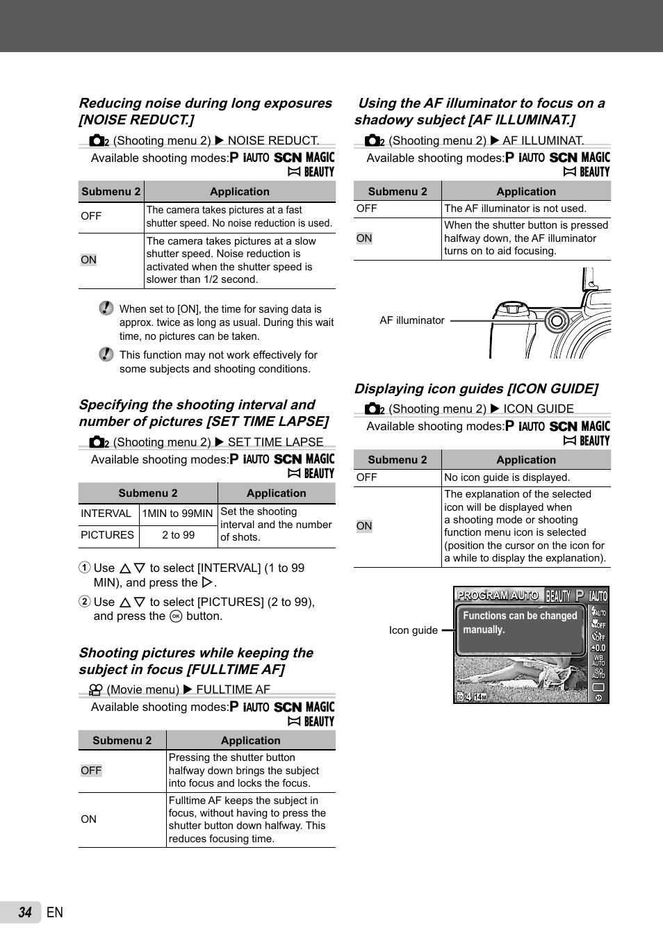 34 en, Reducing noise during long exposures [noise reduct, Displaying icon guides [icon guide | Olympus SP-800UZ User Manual | Page 34 / 73