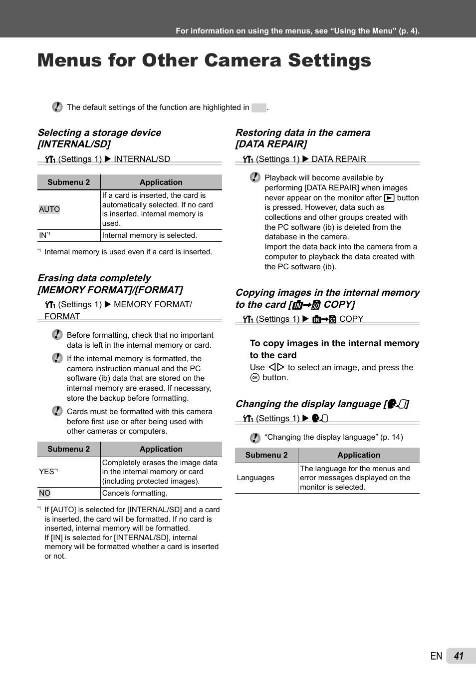 Menus for other camera settings, 41 en, Restoring data in the camera [data repair | Changing the display language [ d, Selecting a storage device [internal/sd | Olympus SP-800UZ User Manual | Page 41 / 73