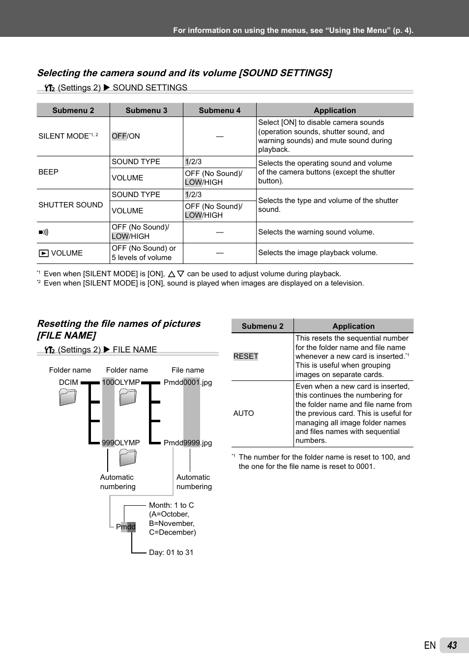 43 en, Resetting the fi le names of pictures [file name | Olympus SP-800UZ User Manual | Page 43 / 73