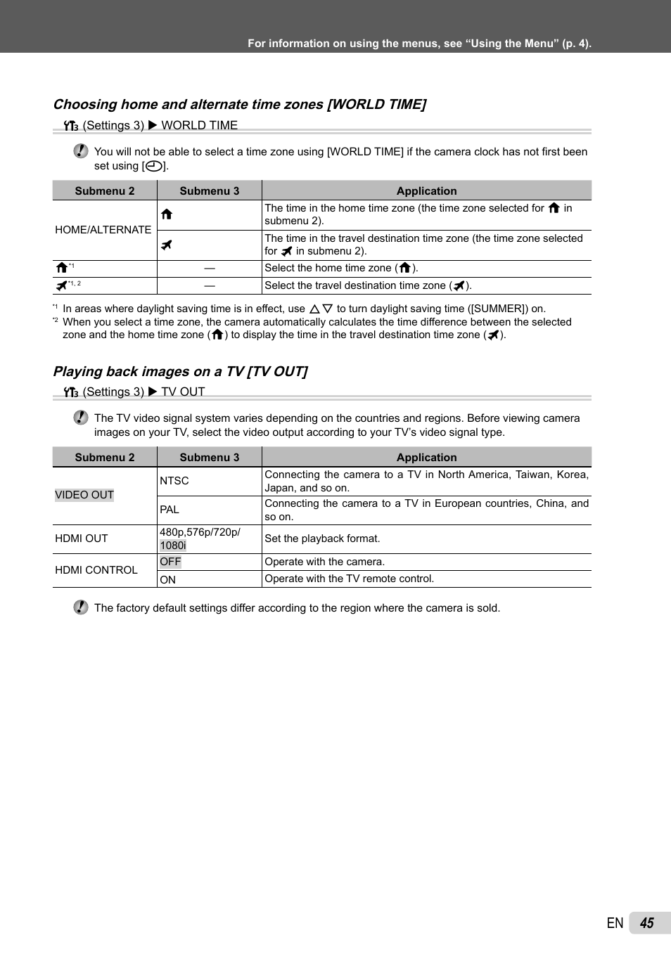 45 en, Choosing home and alternate time zones [world time, Playing back images on a tv [tv out | Olympus SP-800UZ User Manual | Page 45 / 73