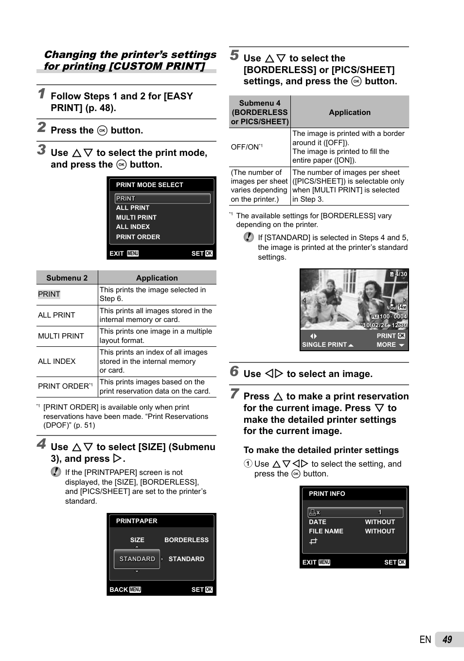 Follow steps 1 and 2 for [easy print] (p. 48), Press the a button, Use fg to select [size] (submenu 3), and press i | Use hi to select an image | Olympus SP-800UZ User Manual | Page 49 / 73