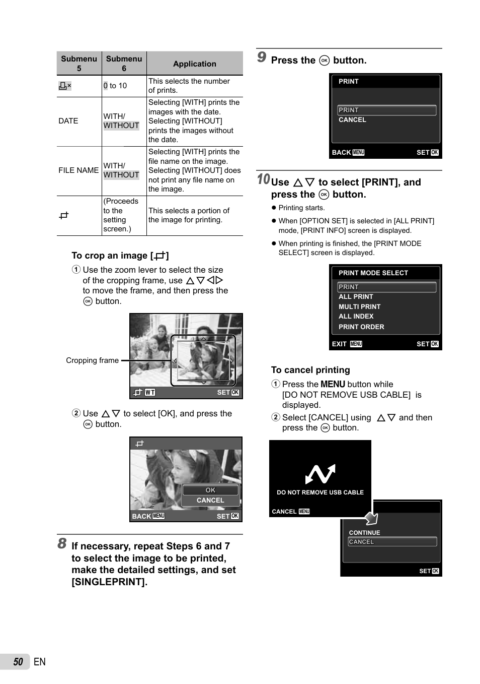 50 en, Press the a button, Use fg to select [print], and press the a button | Olympus SP-800UZ User Manual | Page 50 / 73