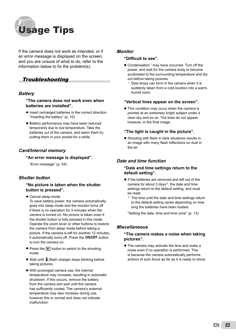 Usage tips, 53 en, Troubleshooting | Olympus SP-800UZ User Manual | Page 53 / 73