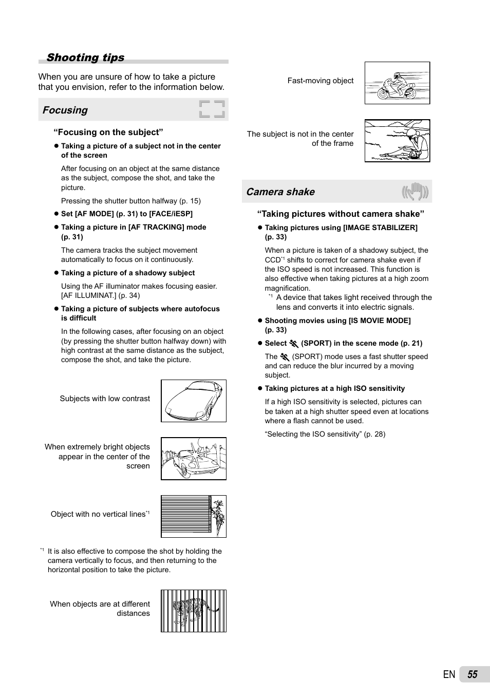 55 en shooting tips, Focusing, Camera shake | Olympus SP-800UZ User Manual | Page 55 / 73