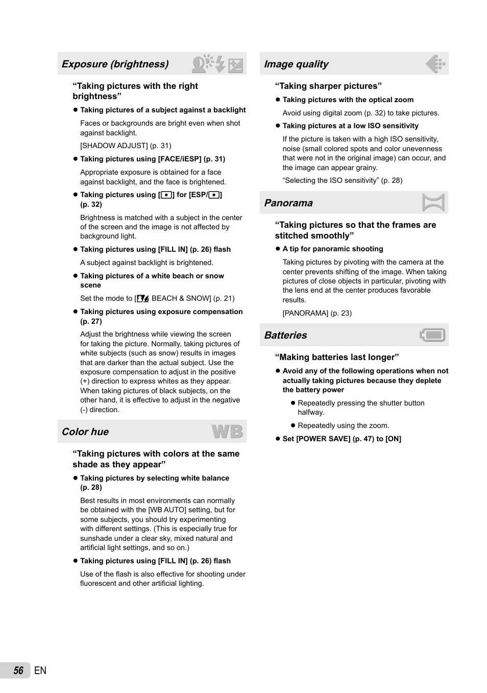 56 en, Exposure (brightness), Color hue | Image quality, Panorama, Batteries | Olympus SP-800UZ User Manual | Page 56 / 73